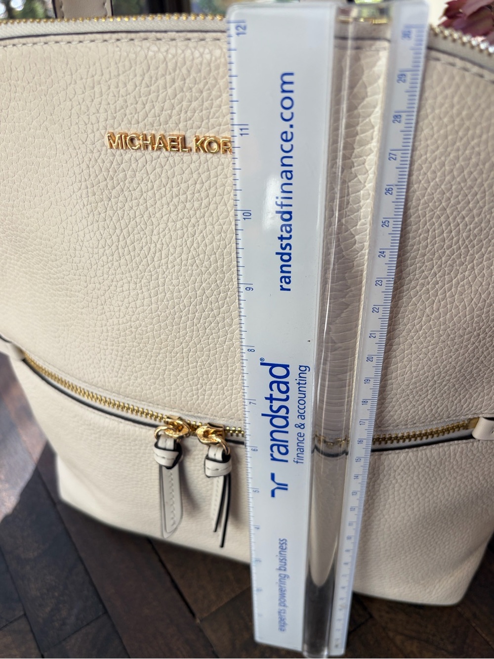 Michael Kors Slim Pebbled Leather Backpack in Cream color with Gold Hardware - Picture 11 of 15